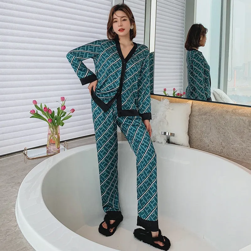 2pcs Women's Pajamas Sets Woman Pajama Summer V Neck Design Suit Long Sleeve Trousers Set Home Clothes Sexy Satin Silk Pijamas