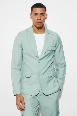 Boohoo Slim Single Breasted Suit Cargo Jacket, Sage