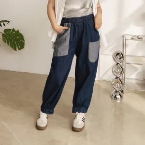 Casual Patchwork Elastic Waist Denim Long Jogger Pants