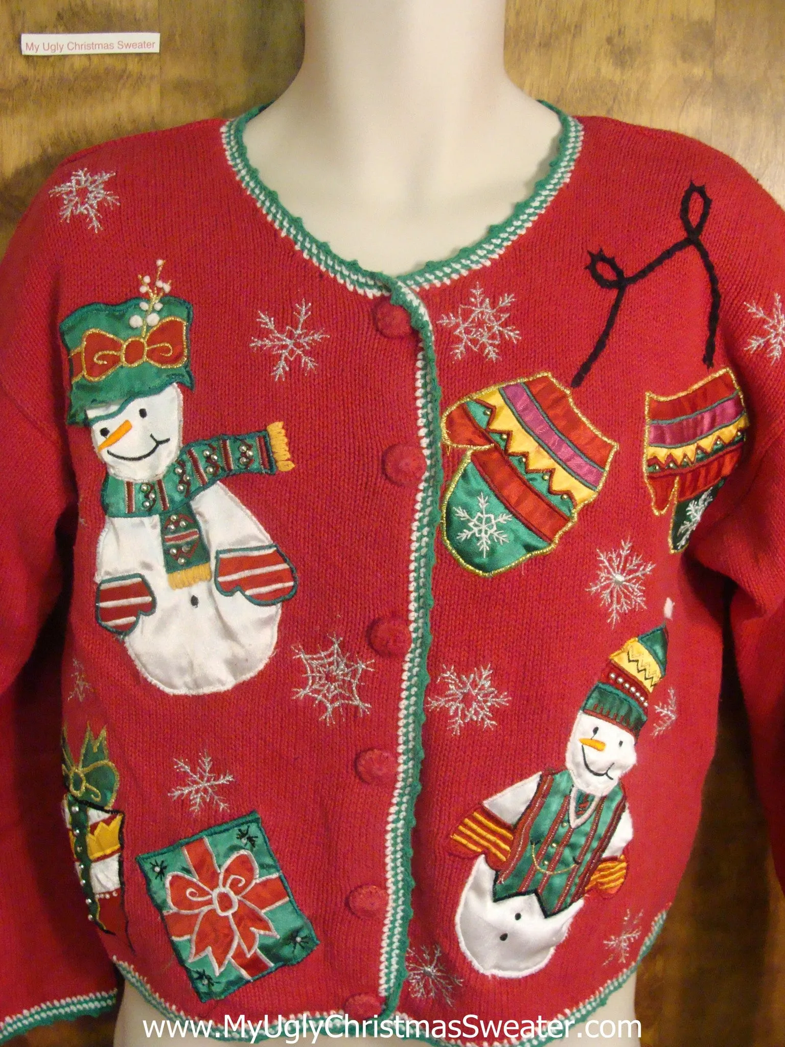 Festive Cute 80s Snowman and Mittens Ugly Xmas Sweater