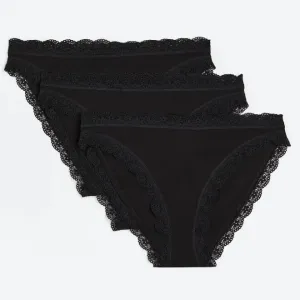 H&M Lace-trimmed Bikini Brief Set, 3 pieces, black