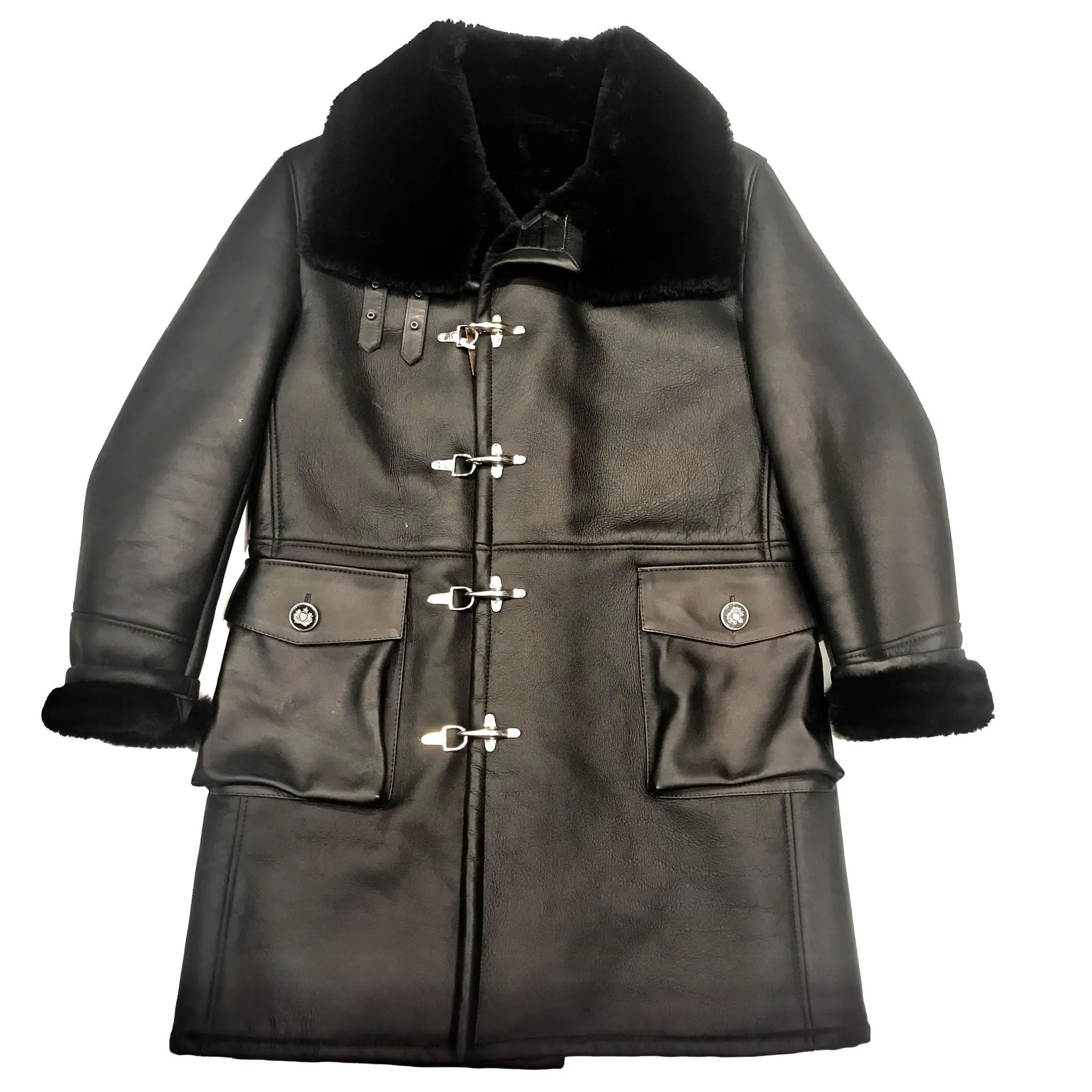 Kashani Black Duffel Long Trench Shearling Coat