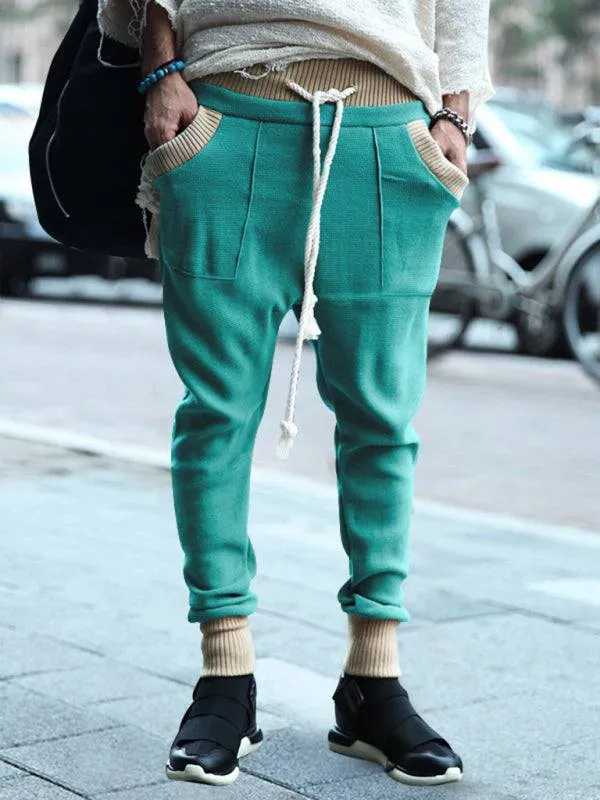 Men's casual loose leg drawstring personalized color block knitted trousers