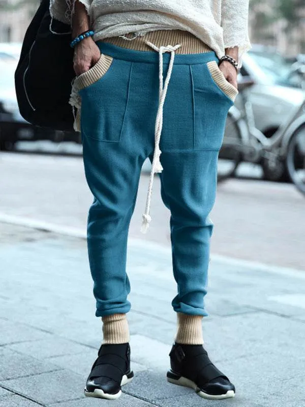 Men's casual loose leg drawstring personalized color block knitted trousers