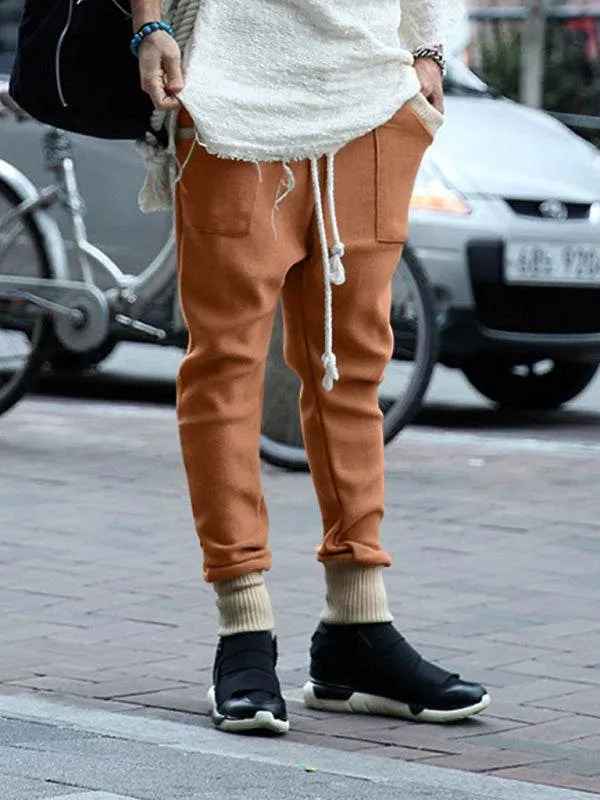 Men's casual loose leg drawstring personalized color block knitted trousers