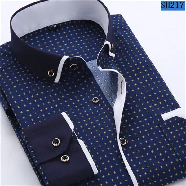 Mens Formal Business Long Sleeved Slim Fit Printed Shirt