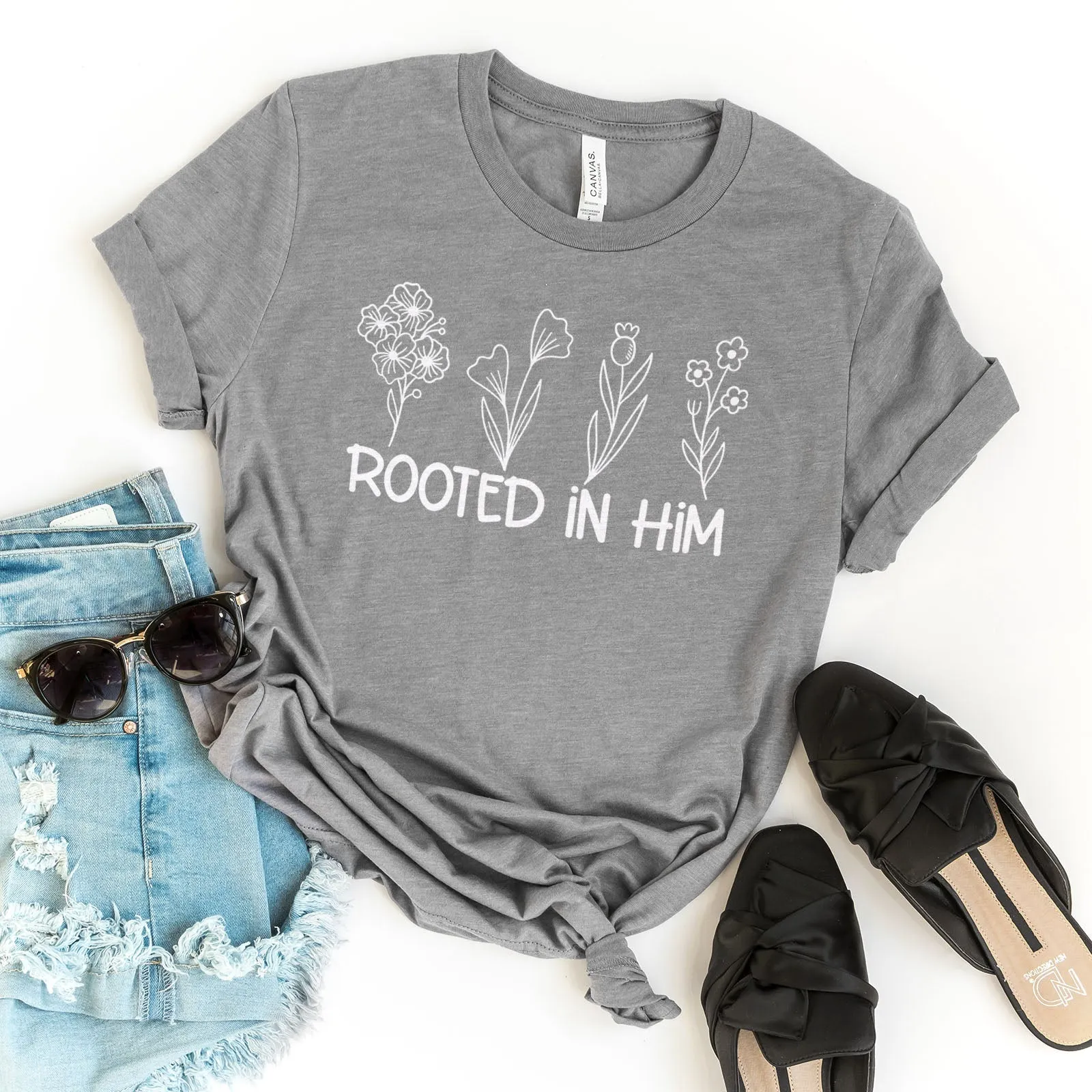 Rooted In Him Foral Tee Shirts For Women - Christian Shirts for Women - Religious Tee Shirts