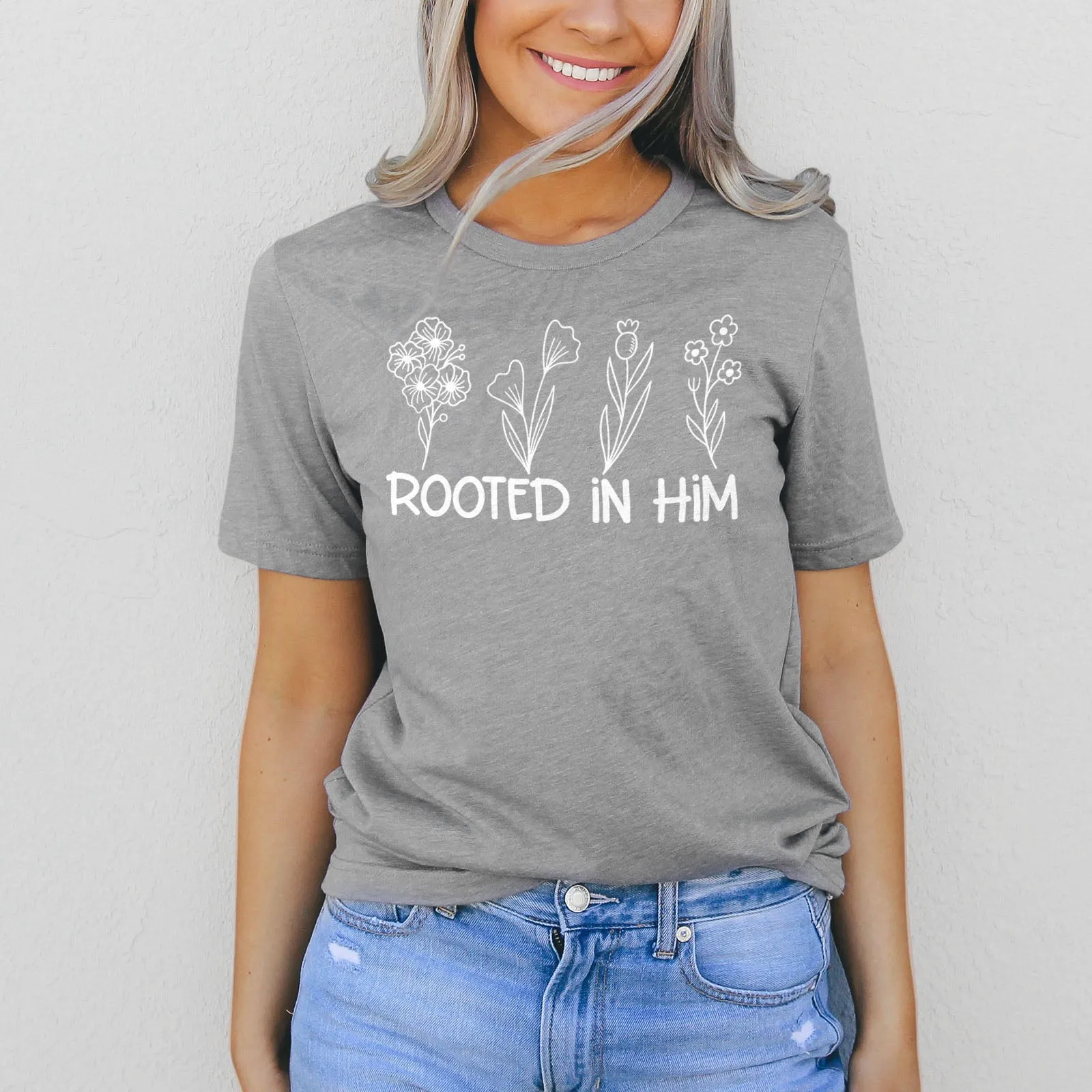 Rooted In Him Foral Tee Shirts For Women - Christian Shirts for Women - Religious Tee Shirts