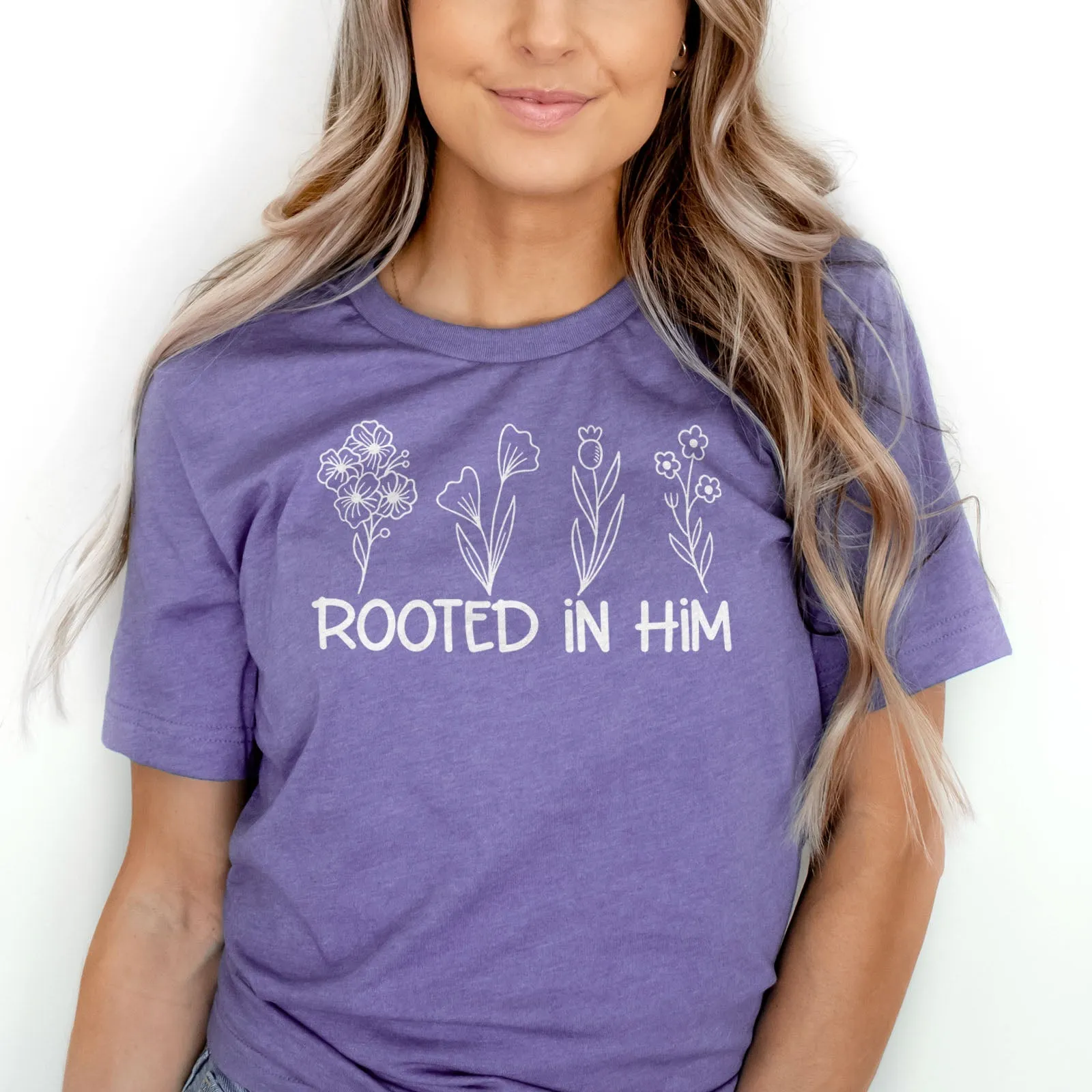 Rooted In Him Foral Tee Shirts For Women - Christian Shirts for Women - Religious Tee Shirts