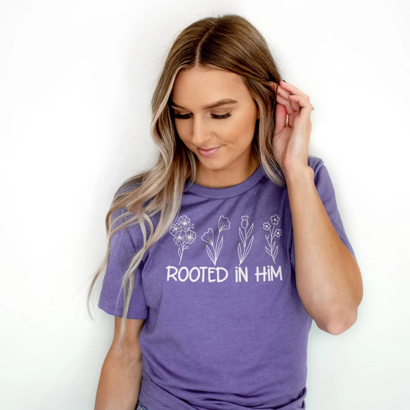 Rooted In Him Foral Tee Shirts For Women - Christian Shirts for Women - Religious Tee Shirts