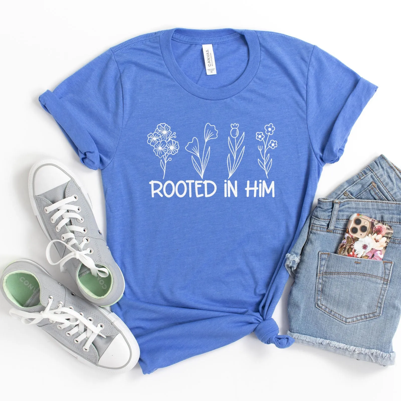 Rooted In Him Foral Tee Shirts For Women - Christian Shirts for Women - Religious Tee Shirts