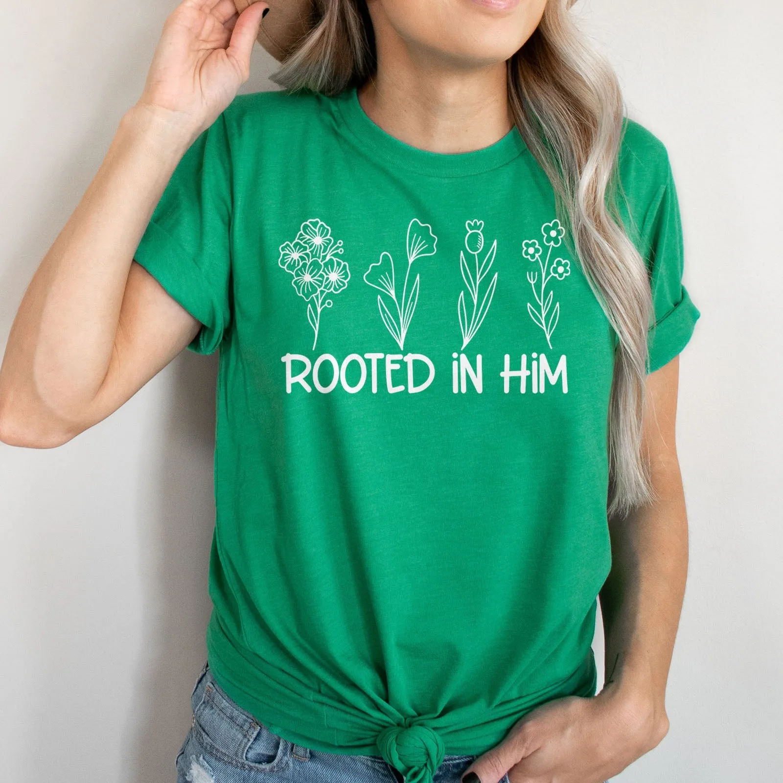 Rooted In Him Foral Tee Shirts For Women - Christian Shirts for Women - Religious Tee Shirts