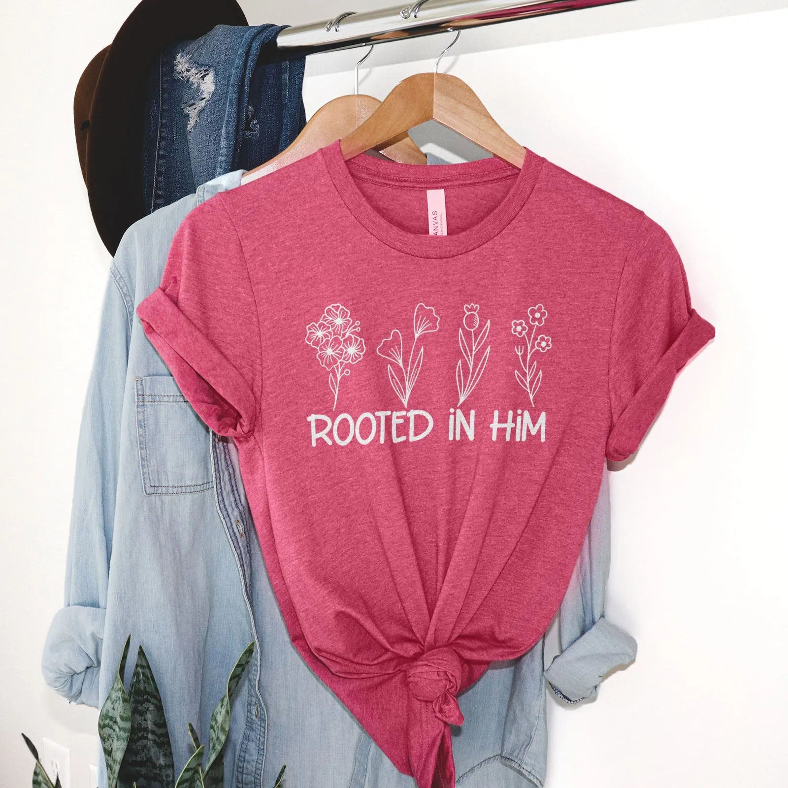 Rooted In Him Foral Tee Shirts For Women - Christian Shirts for Women - Religious Tee Shirts