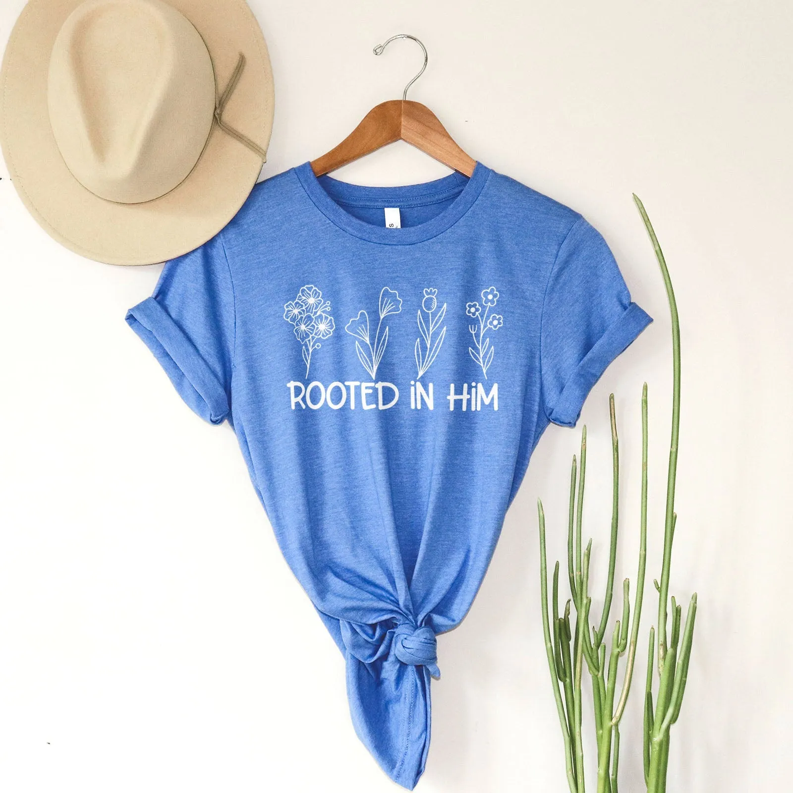 Rooted In Him Foral Tee Shirts For Women - Christian Shirts for Women - Religious Tee Shirts