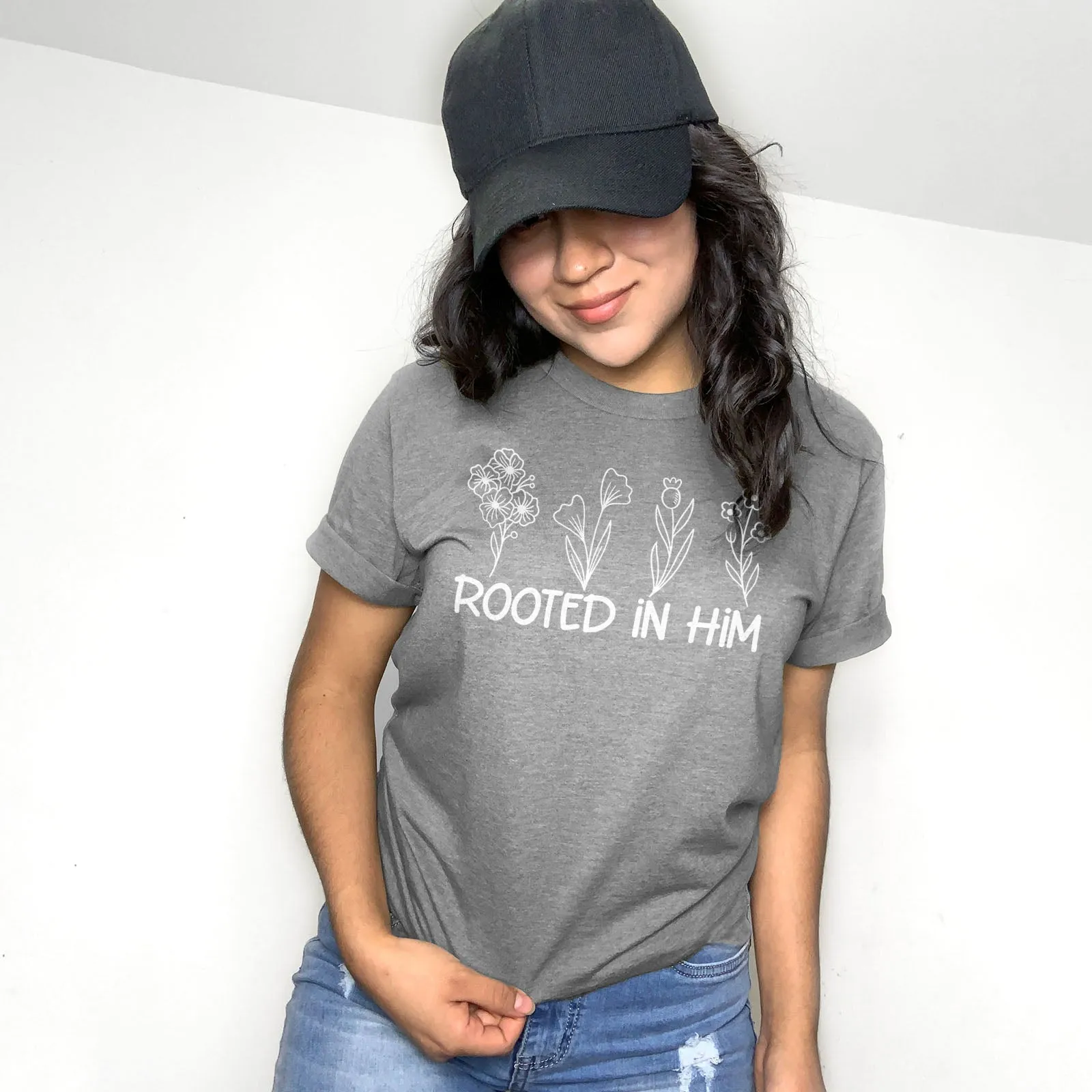 Rooted In Him Foral Tee Shirts For Women - Christian Shirts for Women - Religious Tee Shirts