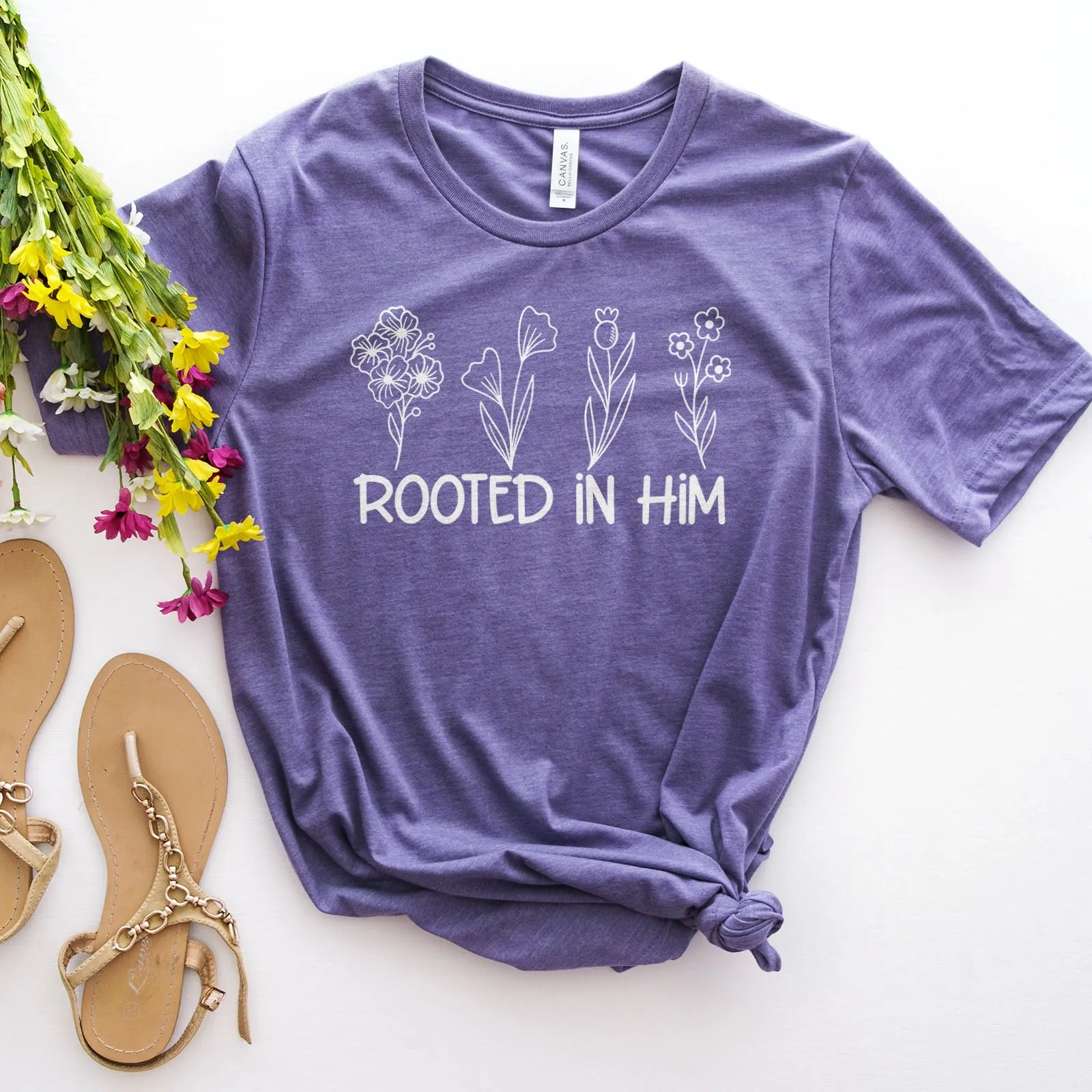 Rooted In Him Foral Tee Shirts For Women - Christian Shirts for Women - Religious Tee Shirts