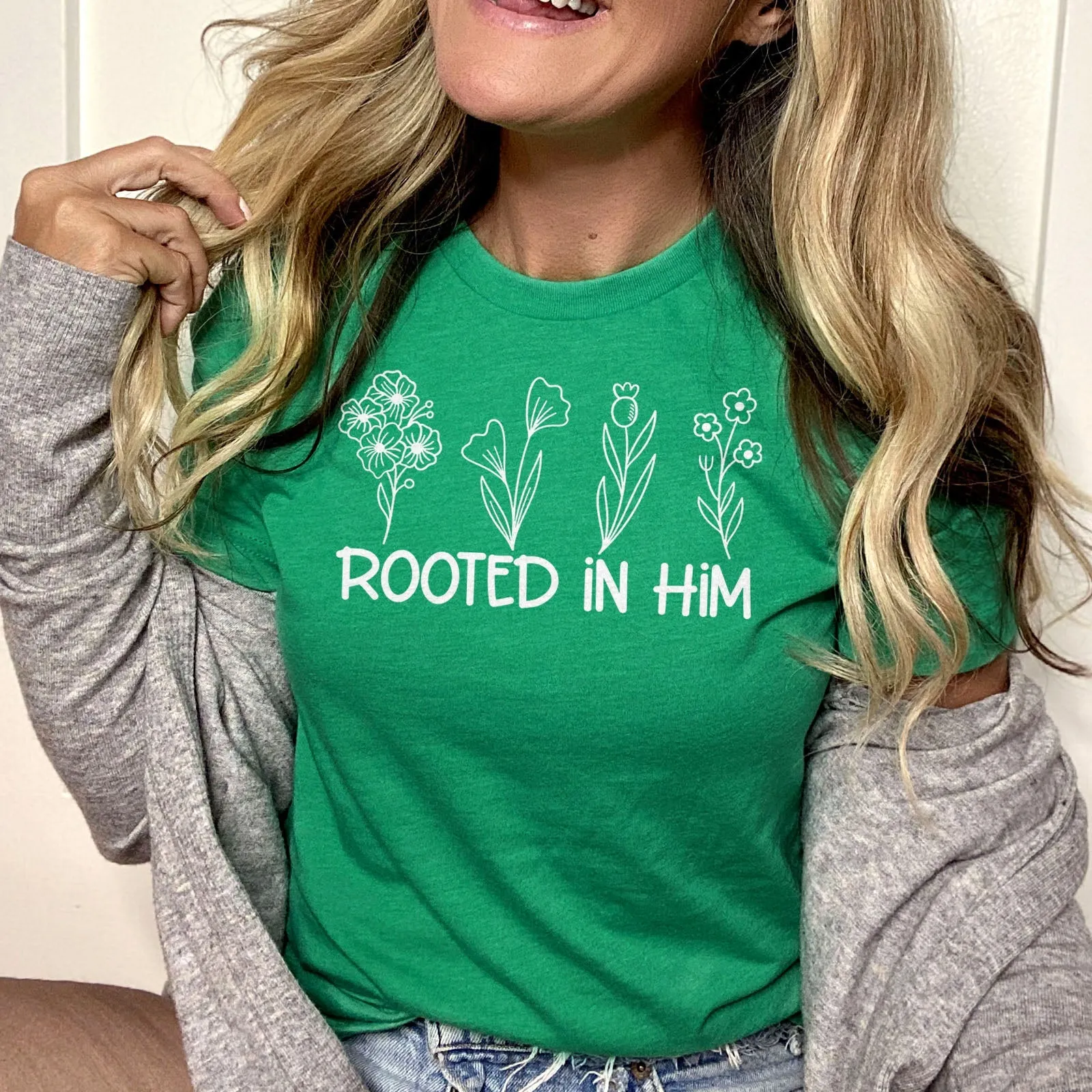 Rooted In Him Foral Tee Shirts For Women - Christian Shirts for Women - Religious Tee Shirts