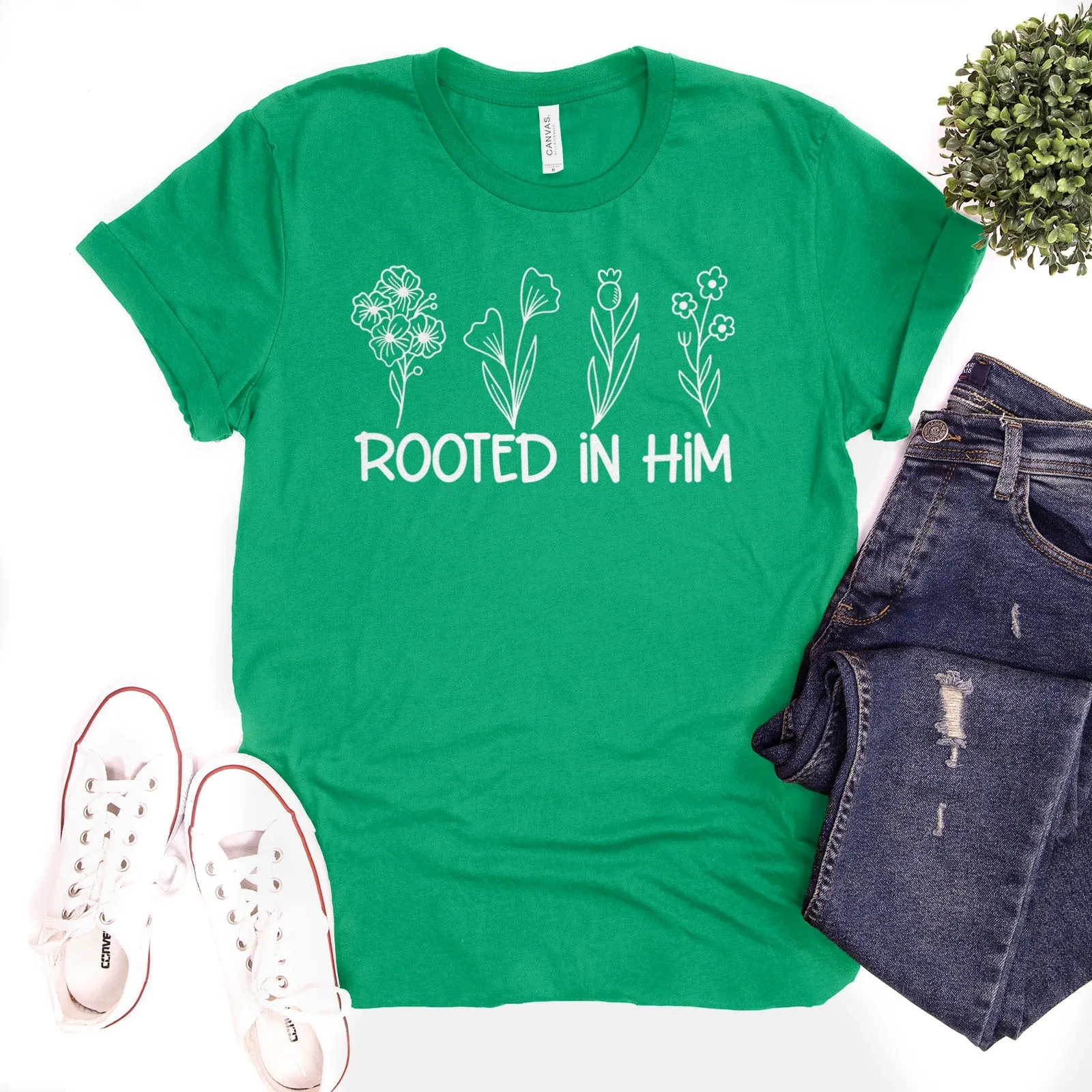 Rooted In Him Foral Tee Shirts For Women - Christian Shirts for Women - Religious Tee Shirts