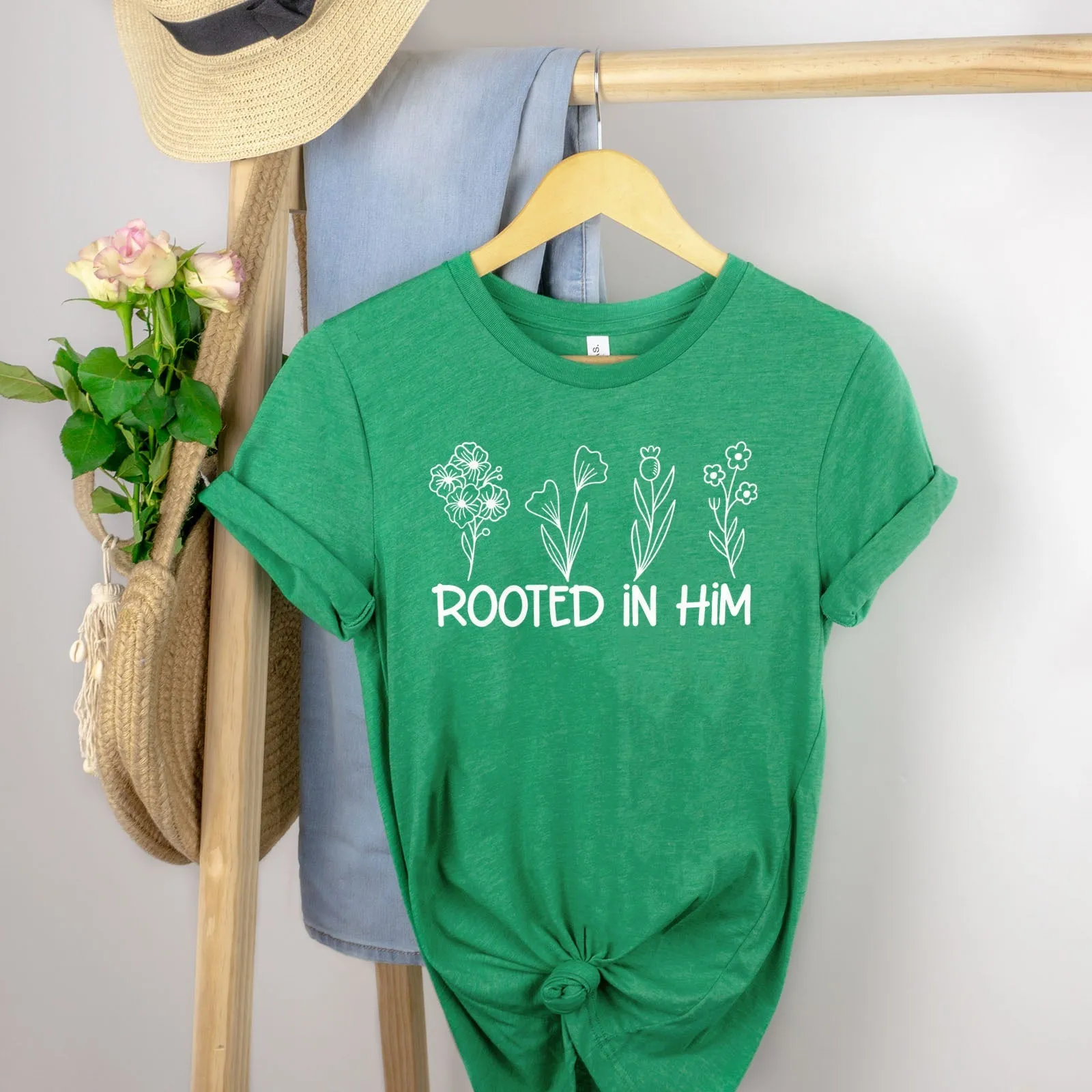 Rooted In Him Foral Tee Shirts For Women - Christian Shirts for Women - Religious Tee Shirts