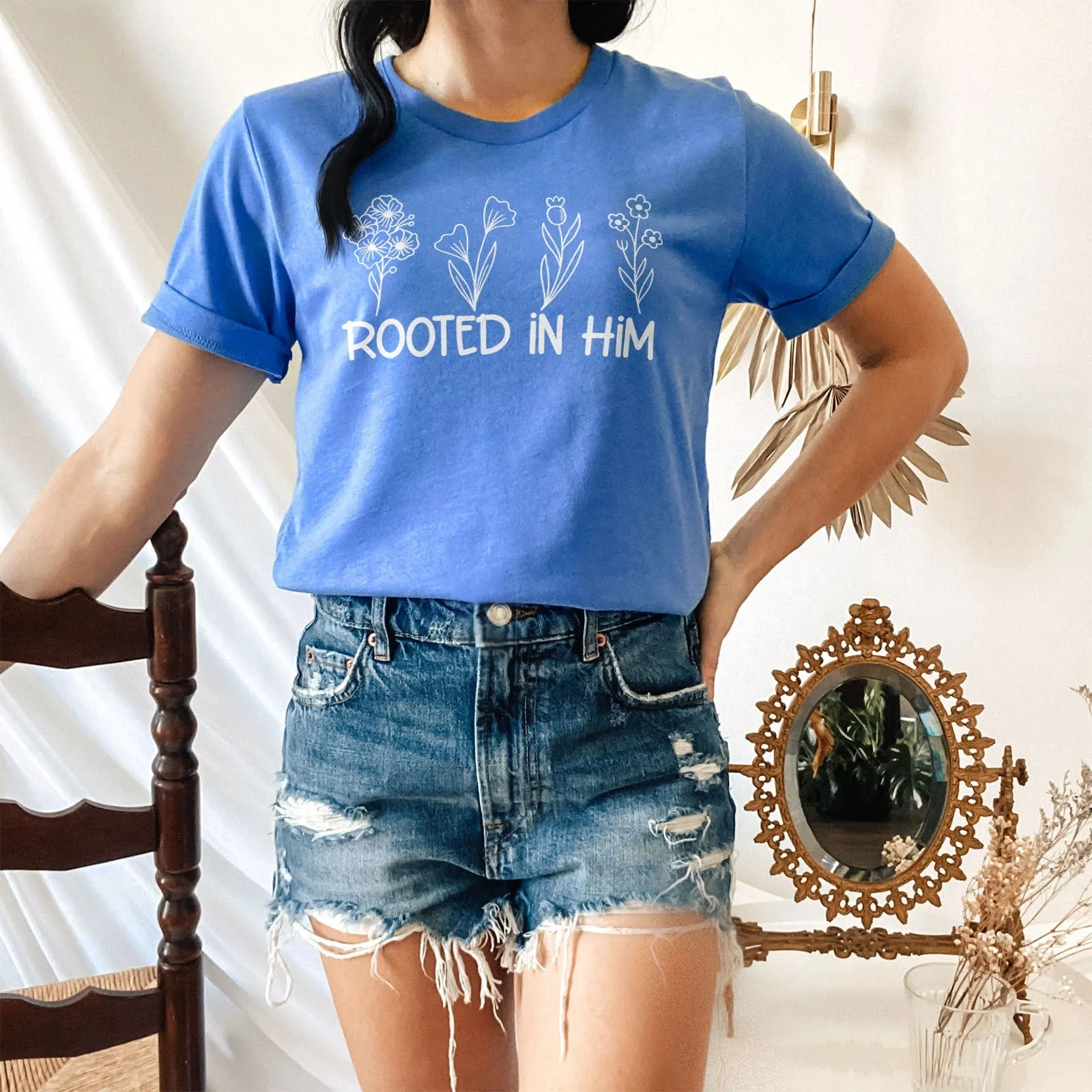 Rooted In Him Foral Tee Shirts For Women - Christian Shirts for Women - Religious Tee Shirts