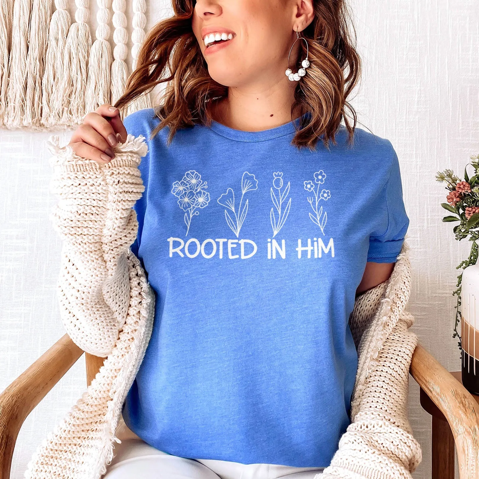 Rooted In Him Foral Tee Shirts For Women - Christian Shirts for Women - Religious Tee Shirts