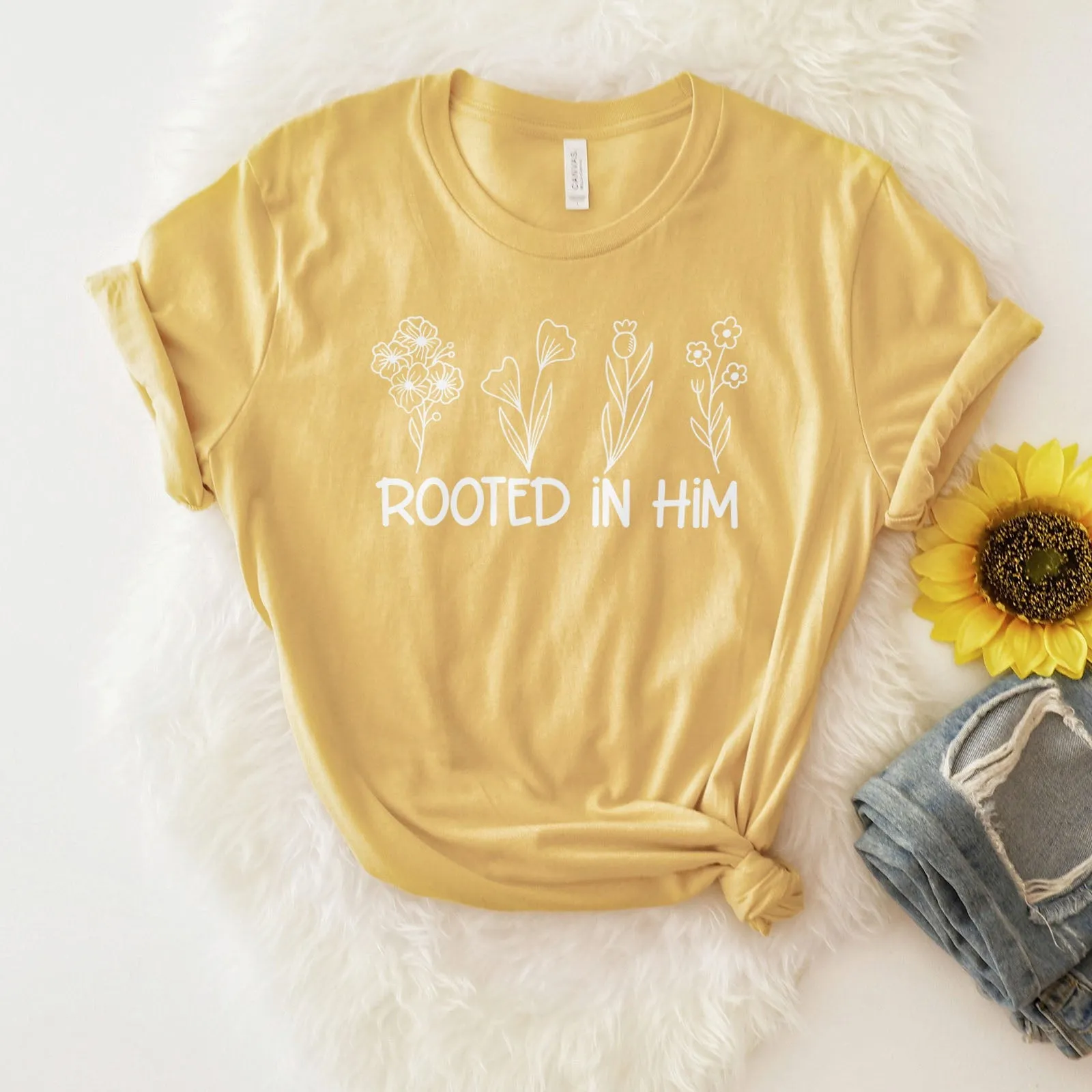 Rooted In Him Foral Tee Shirts For Women - Christian Shirts for Women - Religious Tee Shirts