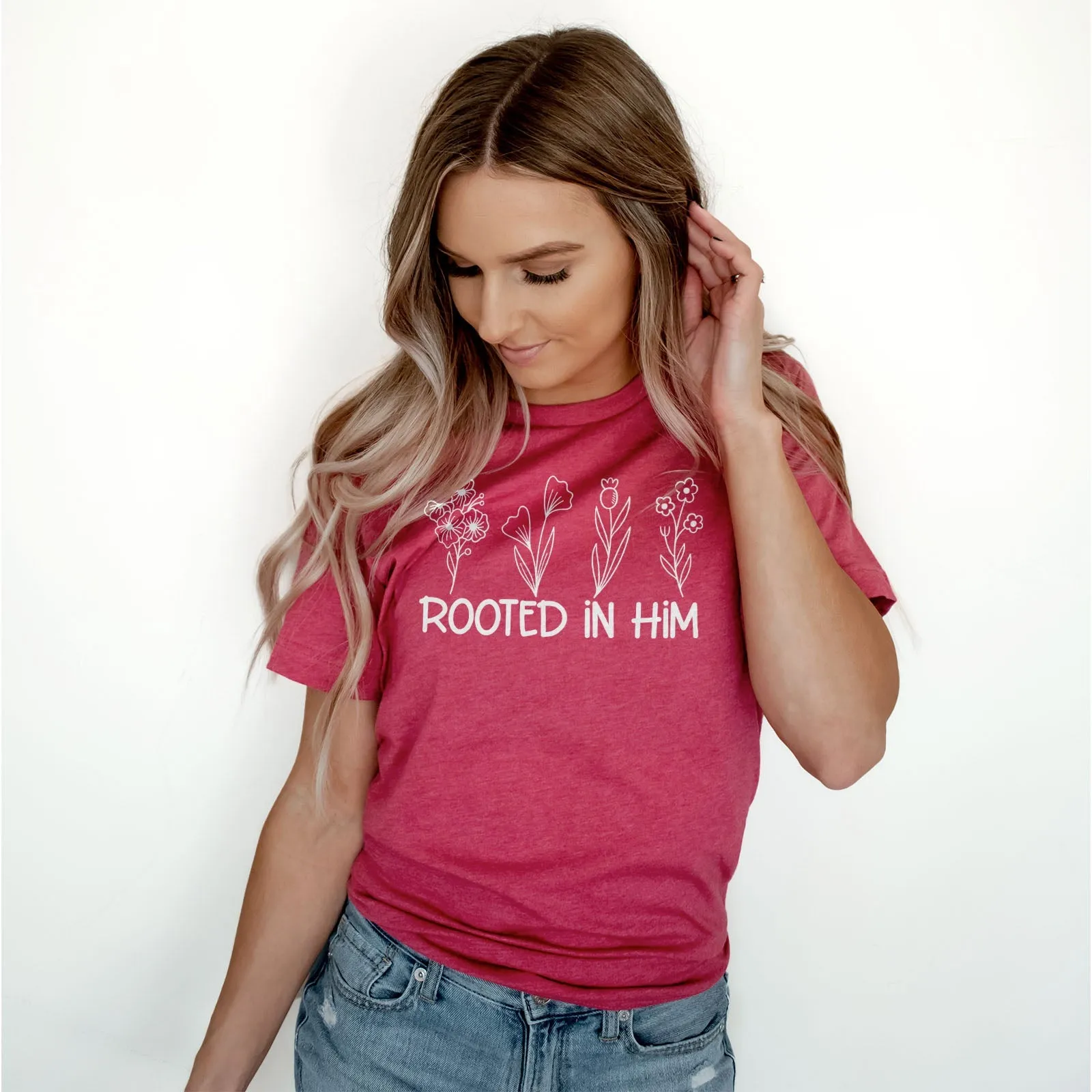 Rooted In Him Foral Tee Shirts For Women - Christian Shirts for Women - Religious Tee Shirts