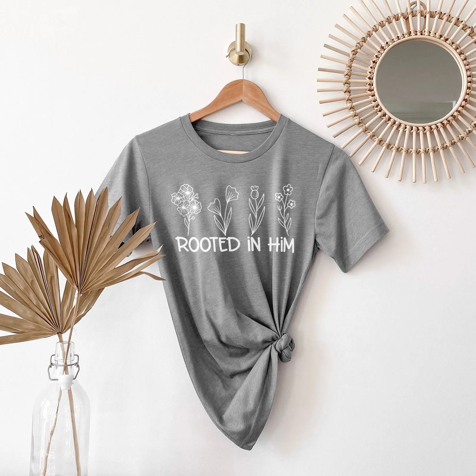 Rooted In Him Foral Tee Shirts For Women - Christian Shirts for Women - Religious Tee Shirts