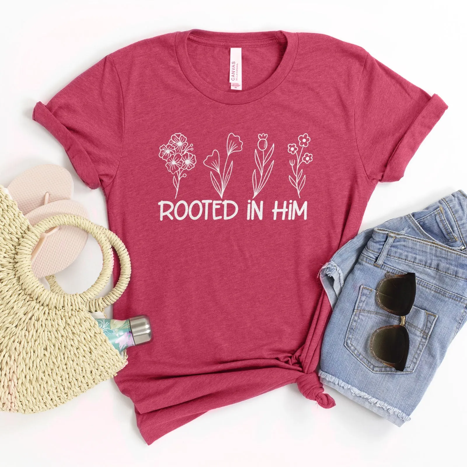 Rooted In Him Foral Tee Shirts For Women - Christian Shirts for Women - Religious Tee Shirts