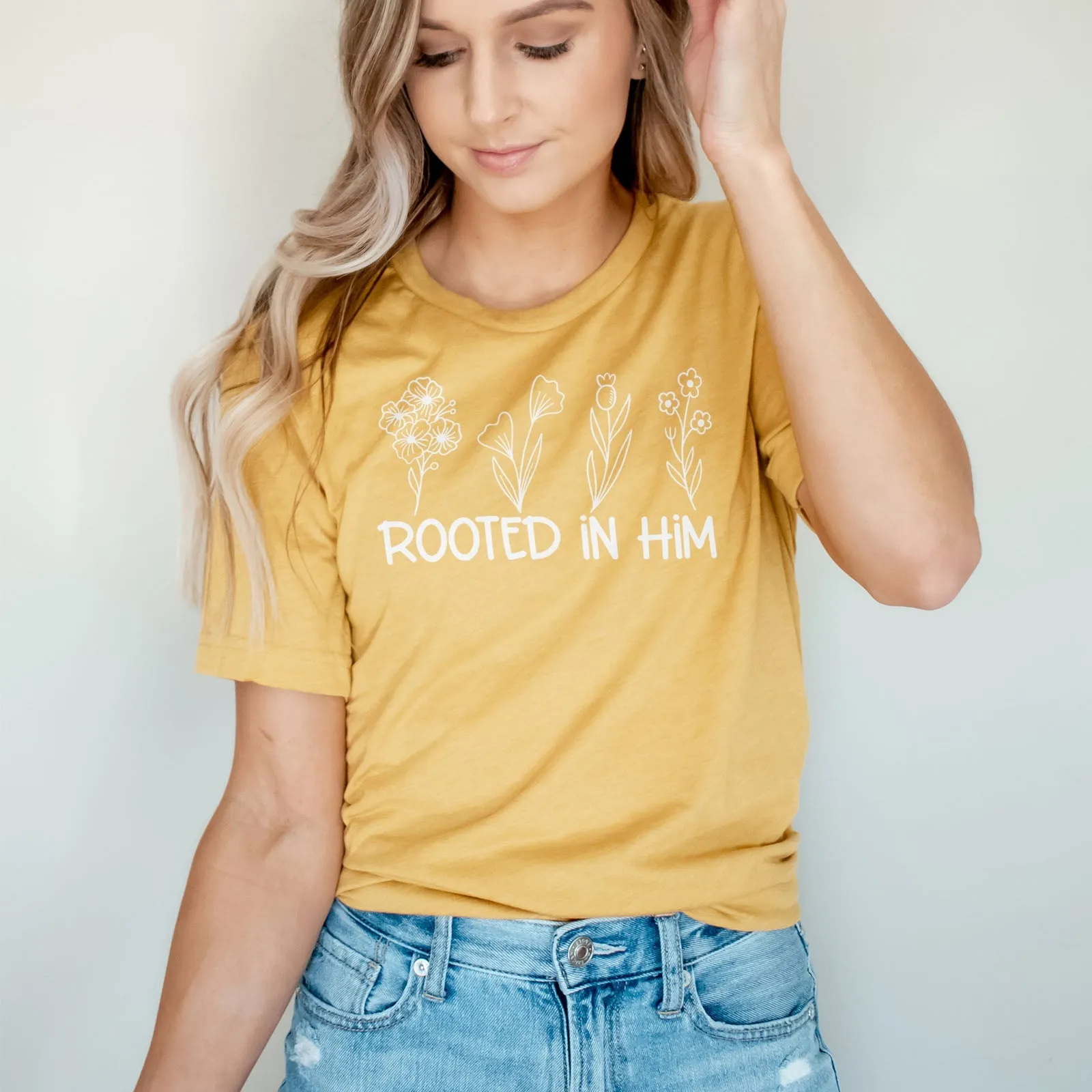 Rooted In Him Foral Tee Shirts For Women - Christian Shirts for Women - Religious Tee Shirts