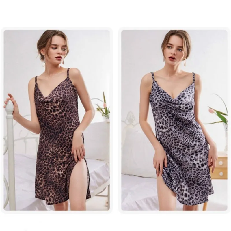 Simulated Silk Sling Sleepwear Women's Pajamas Sexy Underwear Suspender Leopard Print V-Neck Sleeveless Dress