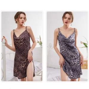 Simulated Silk Sling Sleepwear Women's Pajamas Sexy Underwear Suspender Leopard Print V-Neck Sleeveless Dress