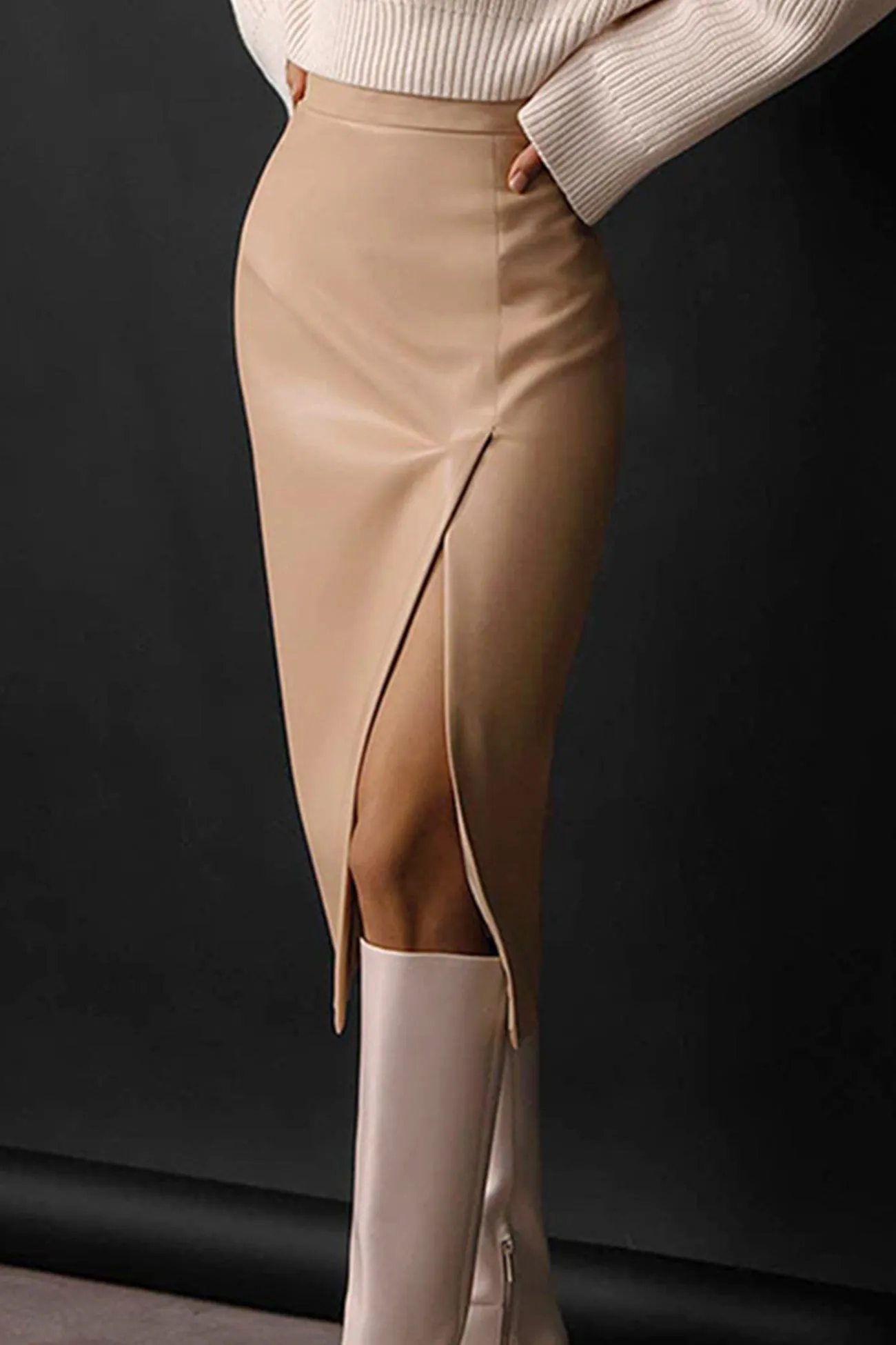 Solid Color High Waist Split Leather Skirt