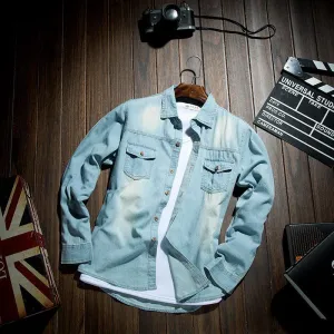 Spring And Autumn Long Sleeve Denim Shirt Jacket Slim Korean Style Men's Thin