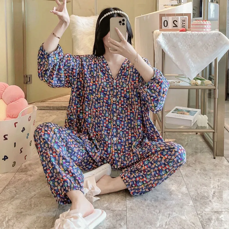 Spring Autumn Cotton Silk Pajamas Women's Loose Lantern Sleeves V-Neck Cardigan Two Piece Set Air Conditioned Homewear