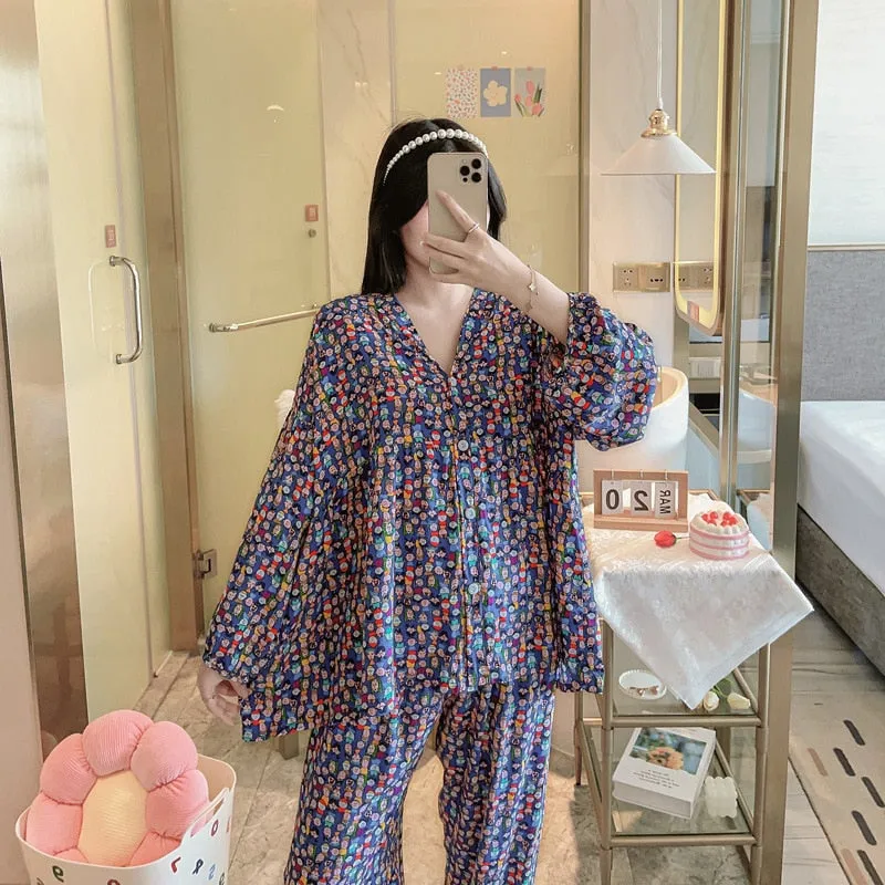 Spring Autumn Cotton Silk Pajamas Women's Loose Lantern Sleeves V-Neck Cardigan Two Piece Set Air Conditioned Homewear