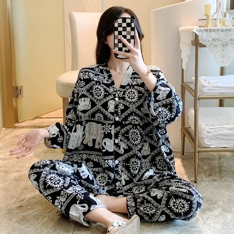 Spring Autumn Cotton Silk Pajamas Women's Loose Lantern Sleeves V-Neck Cardigan Two Piece Set Air Conditioned Homewear