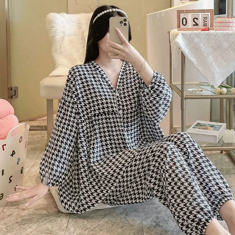 Spring Autumn Cotton Silk Pajamas Women's Loose Lantern Sleeves V-Neck Cardigan Two Piece Set Air Conditioned Homewear