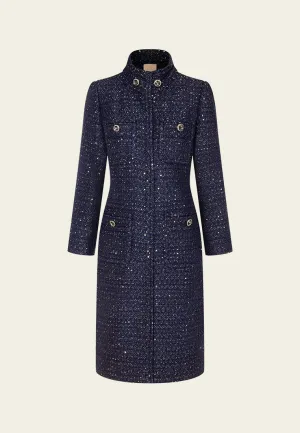 Stand-collar Concealed-fastening Sequin-detail Lurex Coat