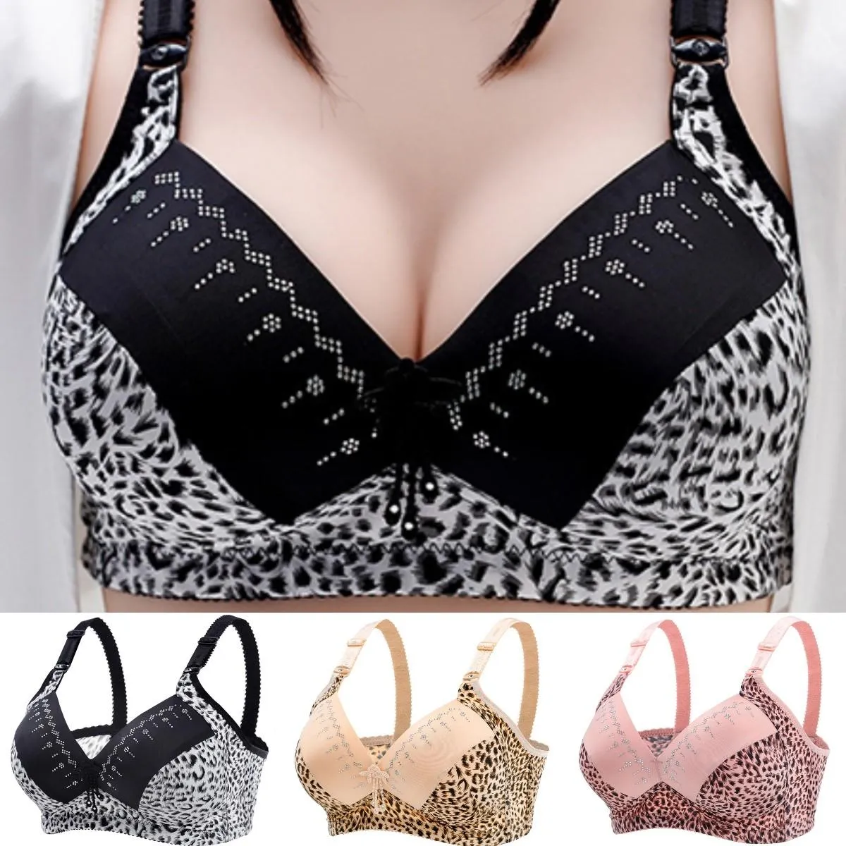 Women's Leopard Patchwork Adjustable Shoulder Strap Bra Ladies Casual Full Cup Breathable Underwear