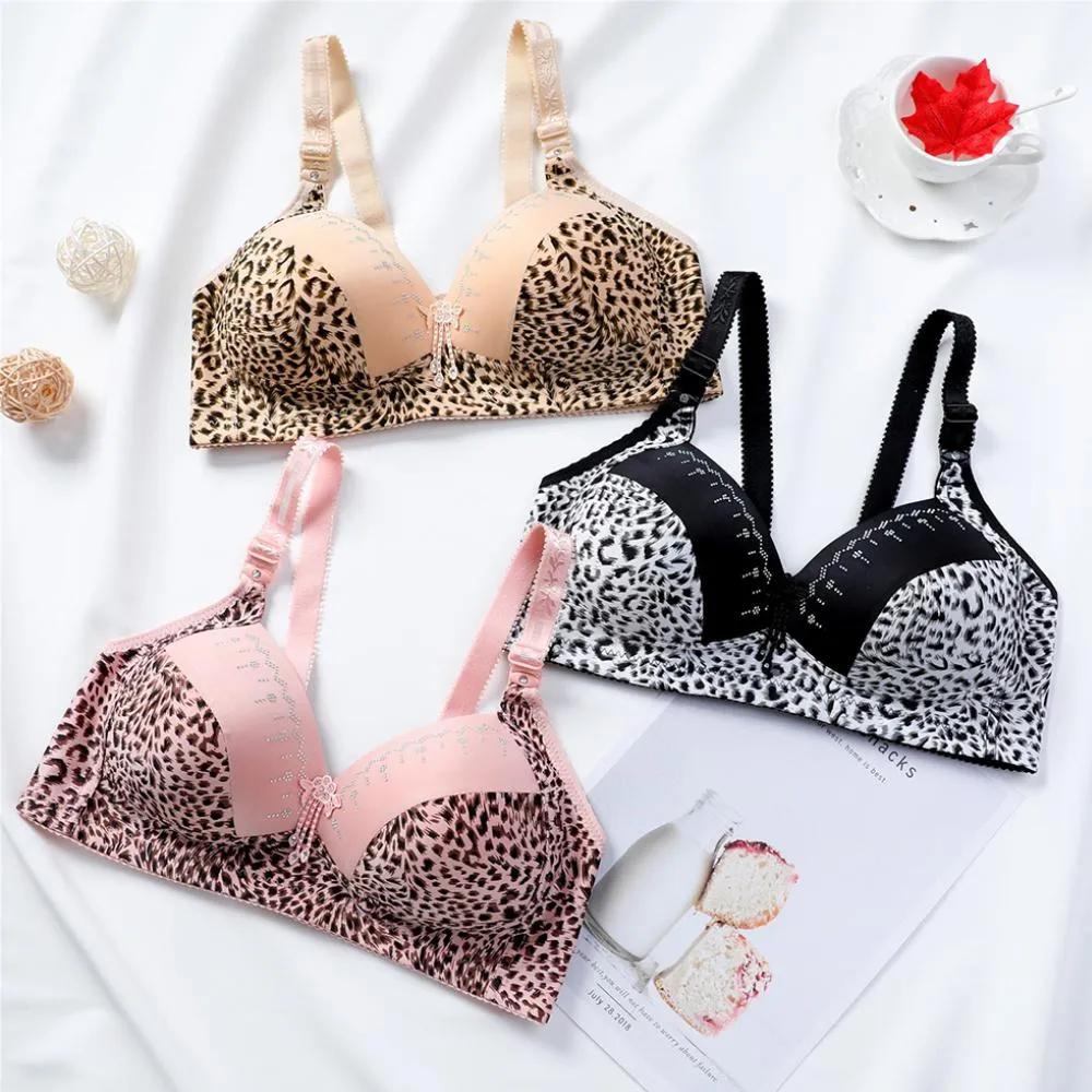 Women's Leopard Patchwork Adjustable Shoulder Strap Bra Ladies Casual Full Cup Breathable Underwear