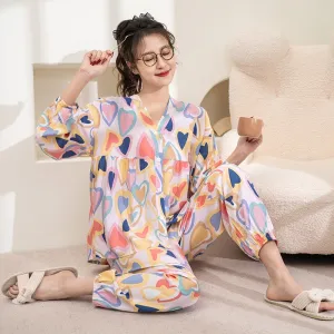 Women's Spring Summer Thin Cotton Silk Pajamas Ong Sleeved Pants Set Large Size Cardigan Air-conditioned Home Clothing