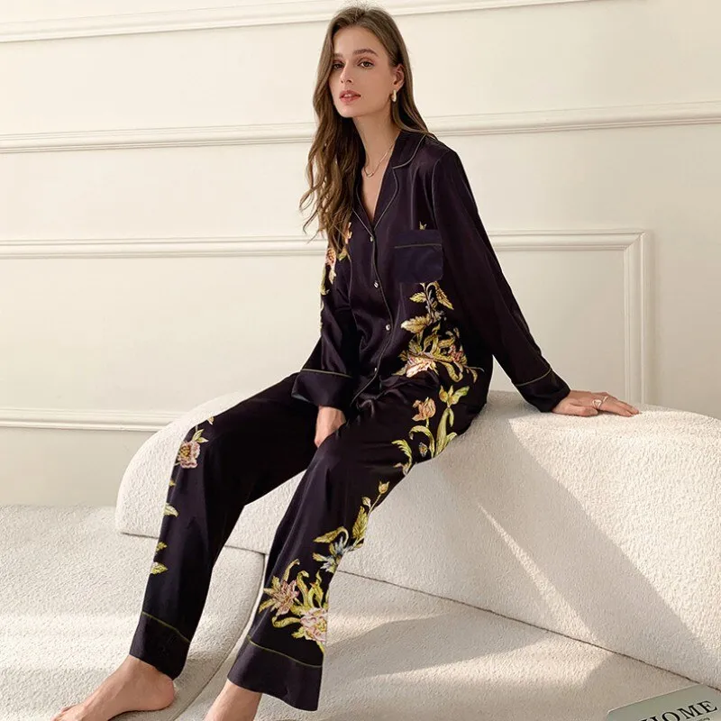 Women's Spring Summer Thin Silk Like Pajamas Luxury Lapel Long-sleeved Chinese Style Comfortable Cardigan Home Clothes