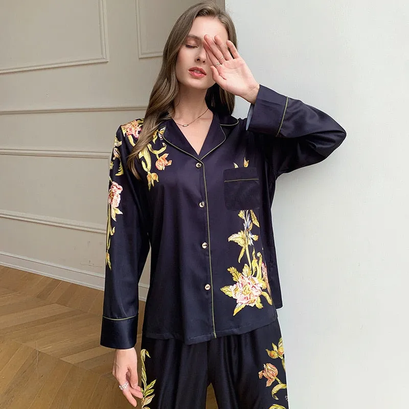 Women's Spring Summer Thin Silk Like Pajamas Luxury Lapel Long-sleeved Chinese Style Comfortable Cardigan Home Clothes