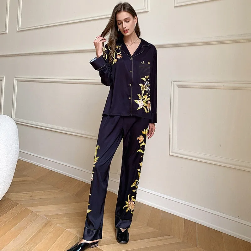 Women's Spring Summer Thin Silk Like Pajamas Luxury Lapel Long-sleeved Chinese Style Comfortable Cardigan Home Clothes